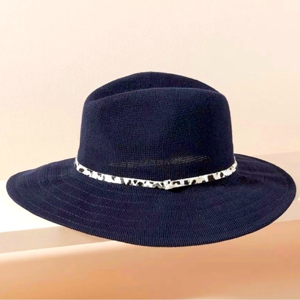 NWOT Anthropologie CYRUS RANCHER Hat in Navy with Animal Print Trim